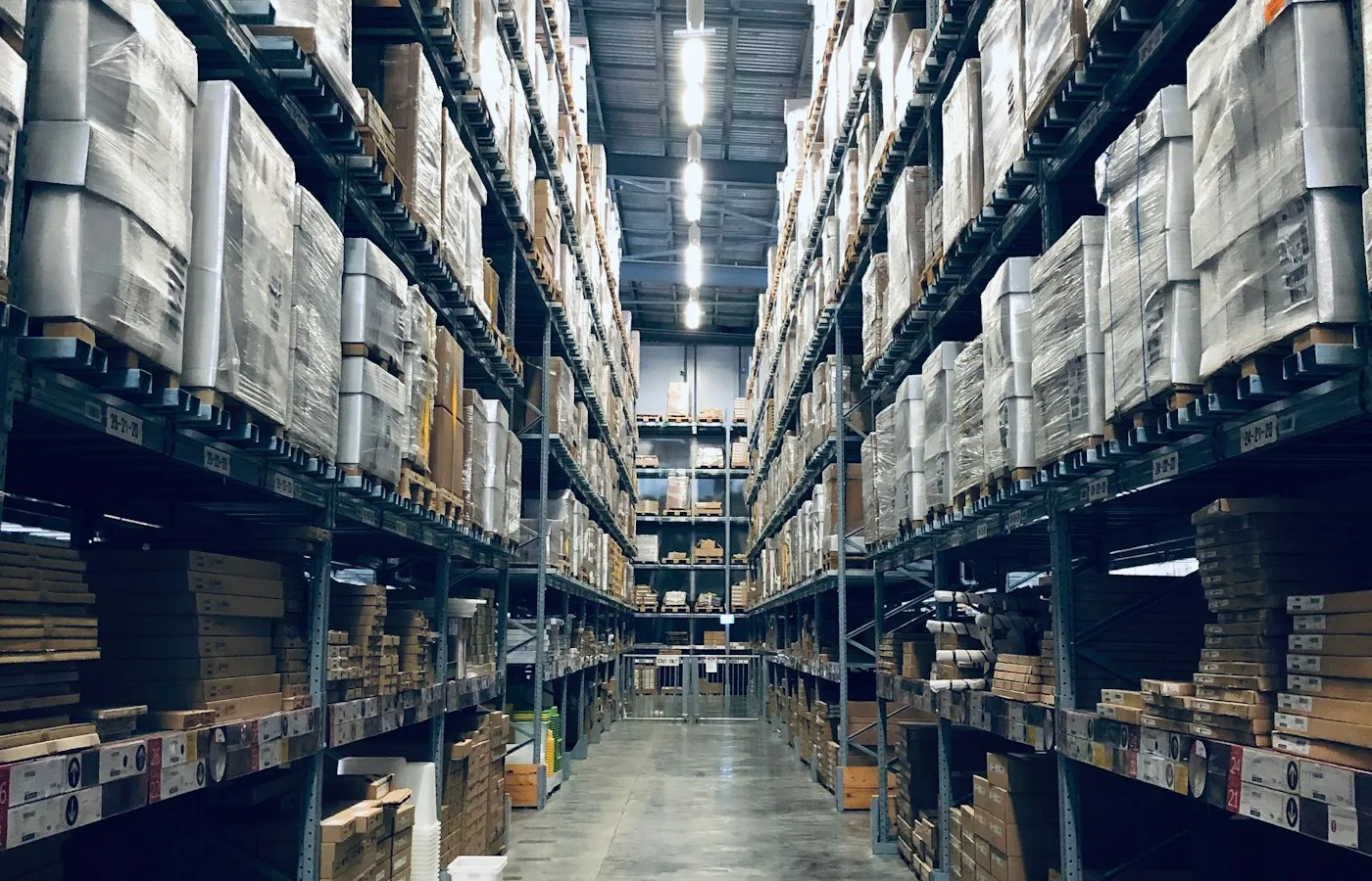 Warehouse shelving stocked for e-commerce fulfillment