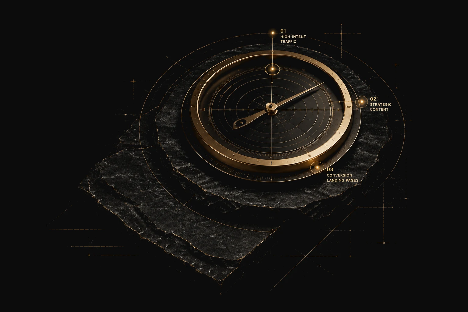 Radar dial illustration representing high-intent traffic, strategic content, and conversion landing pages