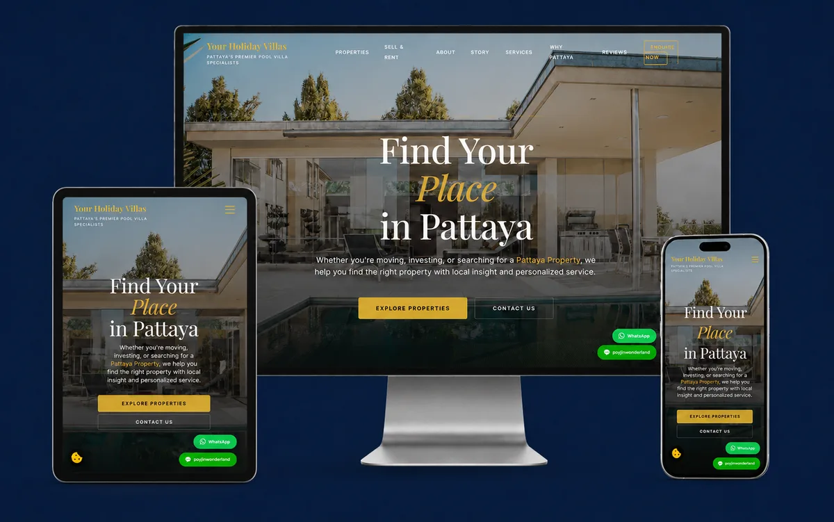 Your Holiday Villas — เว็บไซต์รายชื่ออสังหาริมทรัพย์ในพัทยา แสดงบนจอเดสก์ท็อป แท็บเล็ต และมือถือ