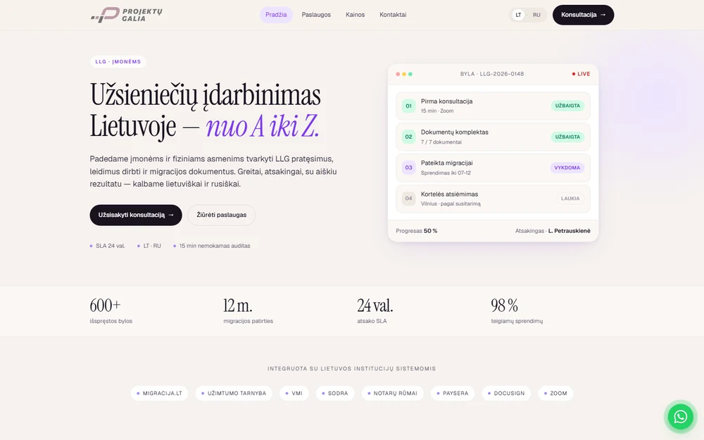 Projektų Galia website — business services platform